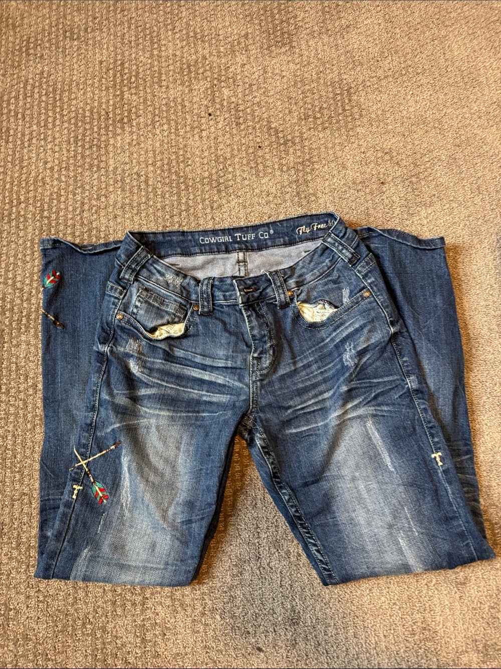 Cowgirl Tuff Distressed Blue Bootcut Jeans with Arrow Embroidery